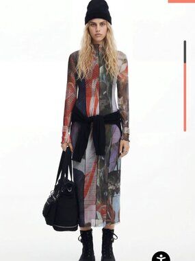 Desigual Print Mesh Long Sleeve Maxi Dress